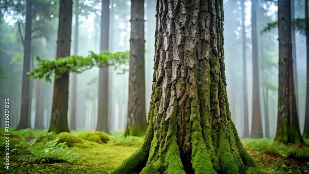 Poster atmospheric forest view with tall tree trunks and green moss covered forest floor creating a tranqui