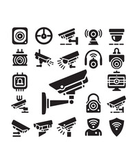 cctv icons, surveillance camera icons set silhouette vector on white background.