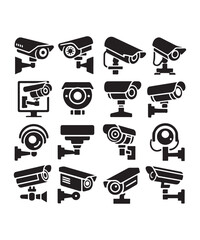 cctv icons, surveillance camera icons set silhouette vector on white background.
