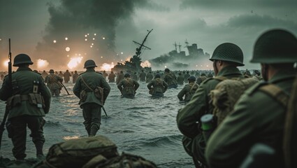 A dramatic scene of soldiers wading towards the beach during a war.