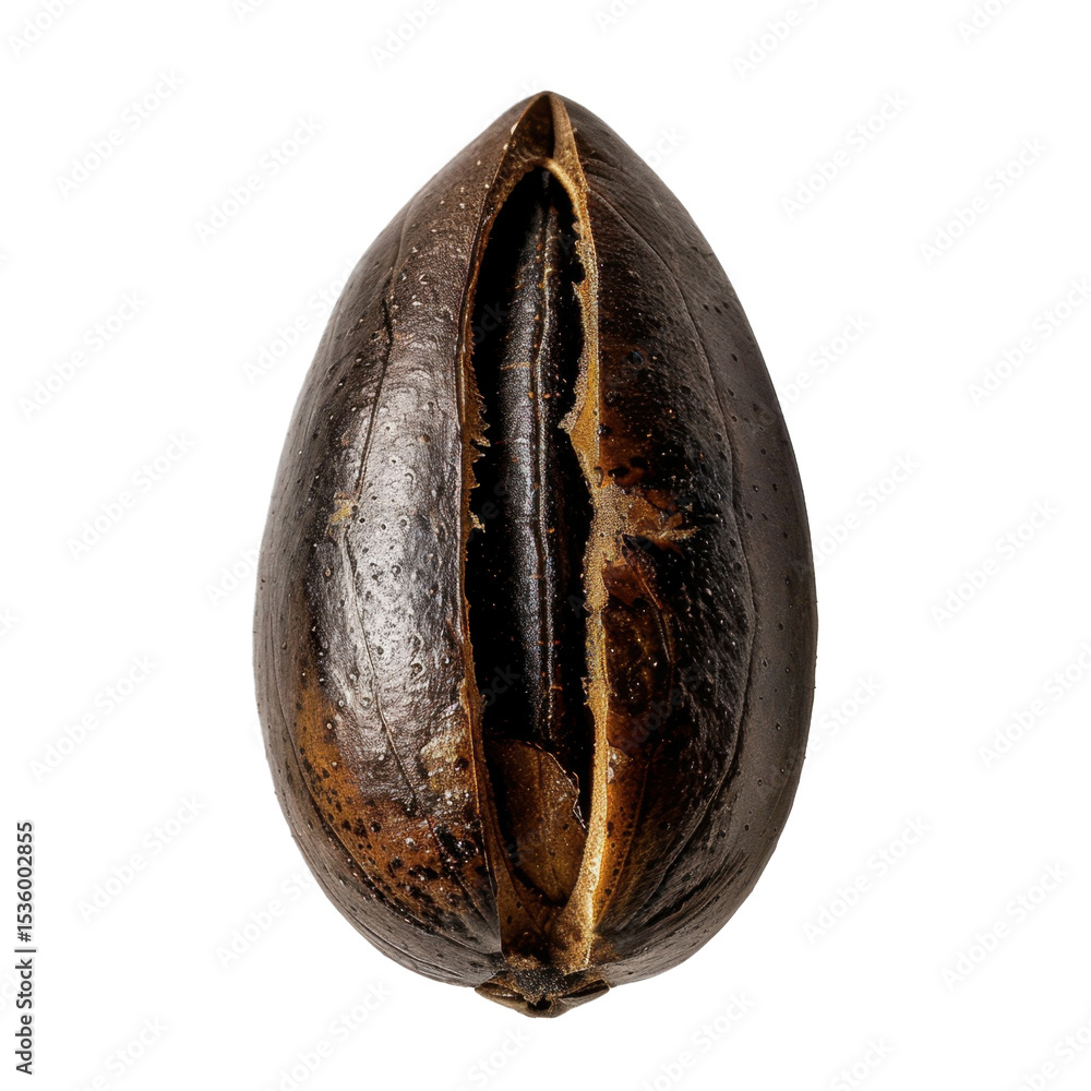 Aufkleber close up view of dark, oval seed with shiny surface and distinct split running down center, showcasi