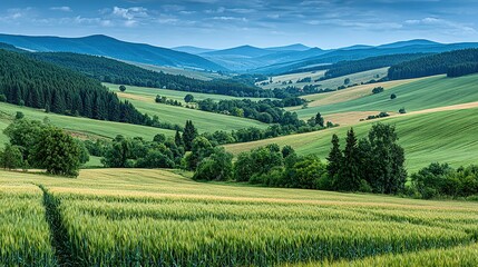 Fototapeta premium Rolling hills and fields under a partly cloudy sky.