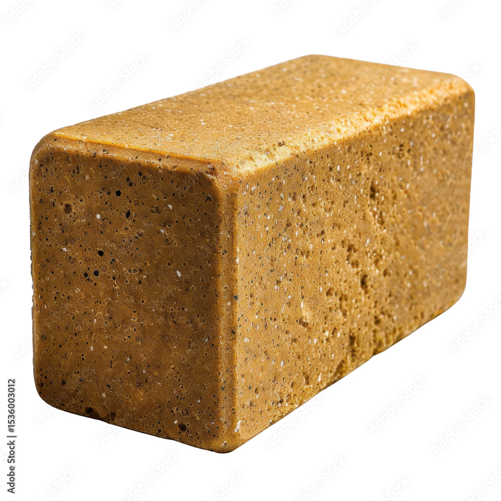 Poster rectangular block of brown soap with textured surface, showcasing natural and earthy appearance. thi