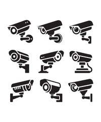 cctv icons, surveillance camera icons set silhouette vector on white background.
