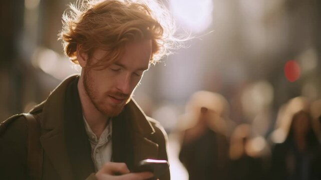 Focused man uses smartphone in urban environment casual style outdoor portrait photo for commercial editorial or social media use