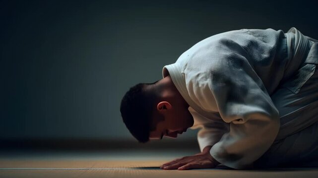 A male judo athlete bows respectfully on the tatami under dramatic lighting. Medium shot. 4K.