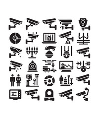 cctv icons, surveillance camera icons set silhouette vector on white background.