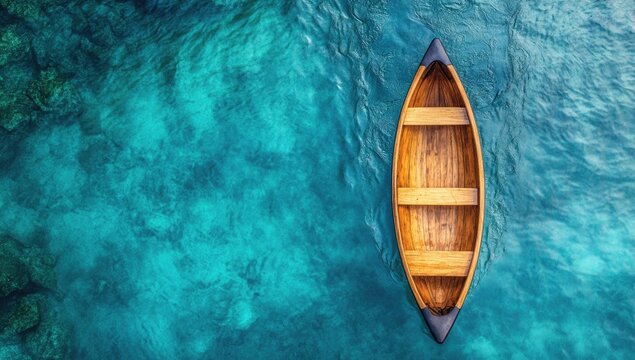 Wooden canoe on turquoise water. High angle view