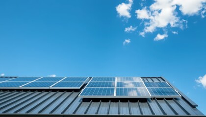 Obraz premium Solar panels installed on a dark gray metal roof