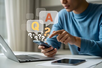 Q&A and FAQ Concept &ndash; Businessman Clicking Digital Question and Answer Button Representing Information Access, Communication, and Customer Support on Online Platforms