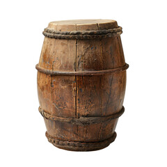 Obraz premium Rustic wooden barrel with weathered appearance, featuring metal bands and rope accent. This barrel evokes sense of history and craftsmanship, perfect for storage or decoration