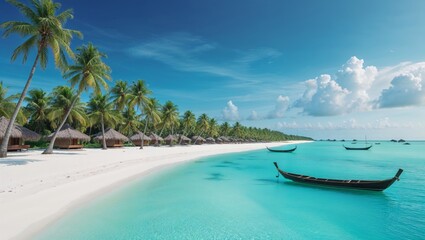 Fototapeta premium A stunning tropical paradise beach with turquoise waters and palm trees.