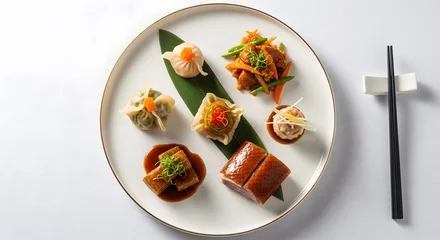 Papier peint photo Pékin Elegant Cantonese Cuisine Platter: Dim Sum, Peking Duck, and Stir-fried Vegetables  © Hidayat