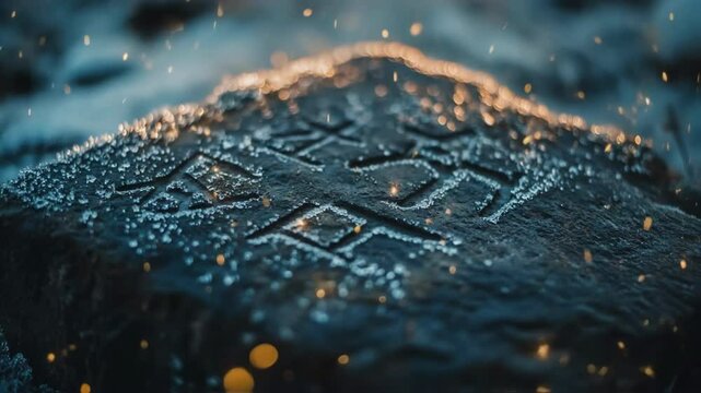 Sunlight glowing over weathered runestone, revealing intricate norse symbols as delicate snowflakes drifting across ancient carved surface, embodying nordic cultural mystique