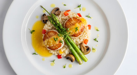 Exquisite Seared Scallops with Risotto, Asparagus, and Garnish on White Plate