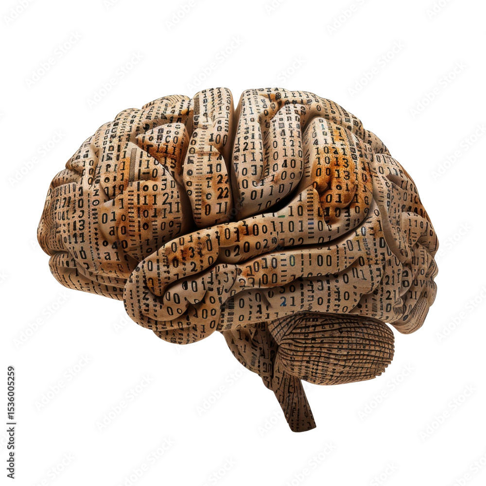 Poster creative representation of brain composed of binary code, symbolizing intersection of technology and