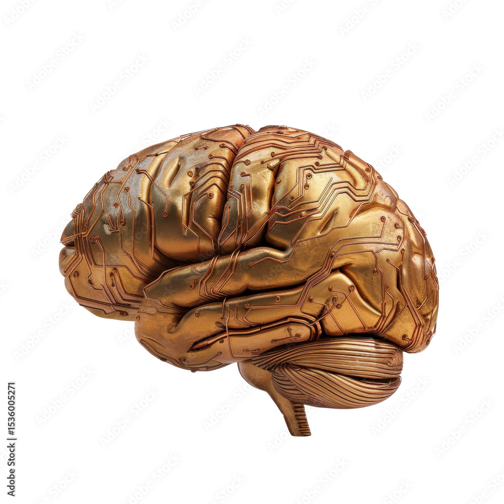 Aufkleber metallic brain sculpture with intricate circuit patterns symbolizes fusion of technology and human i