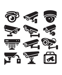 cctv icons, surveillance camera icons set silhouette vector on white background.