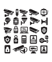 cctv icons, surveillance camera icons set silhouette vector on white background.