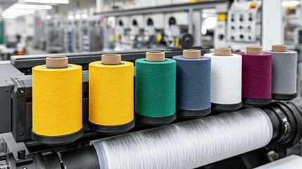 Colorful spools of thread on a textile machine.