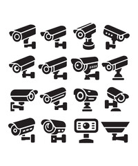 cctv icons, surveillance camera icons set silhouette vector on white background.