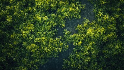 High-angle view of dense, vibrant green foliage, with shadowed areas