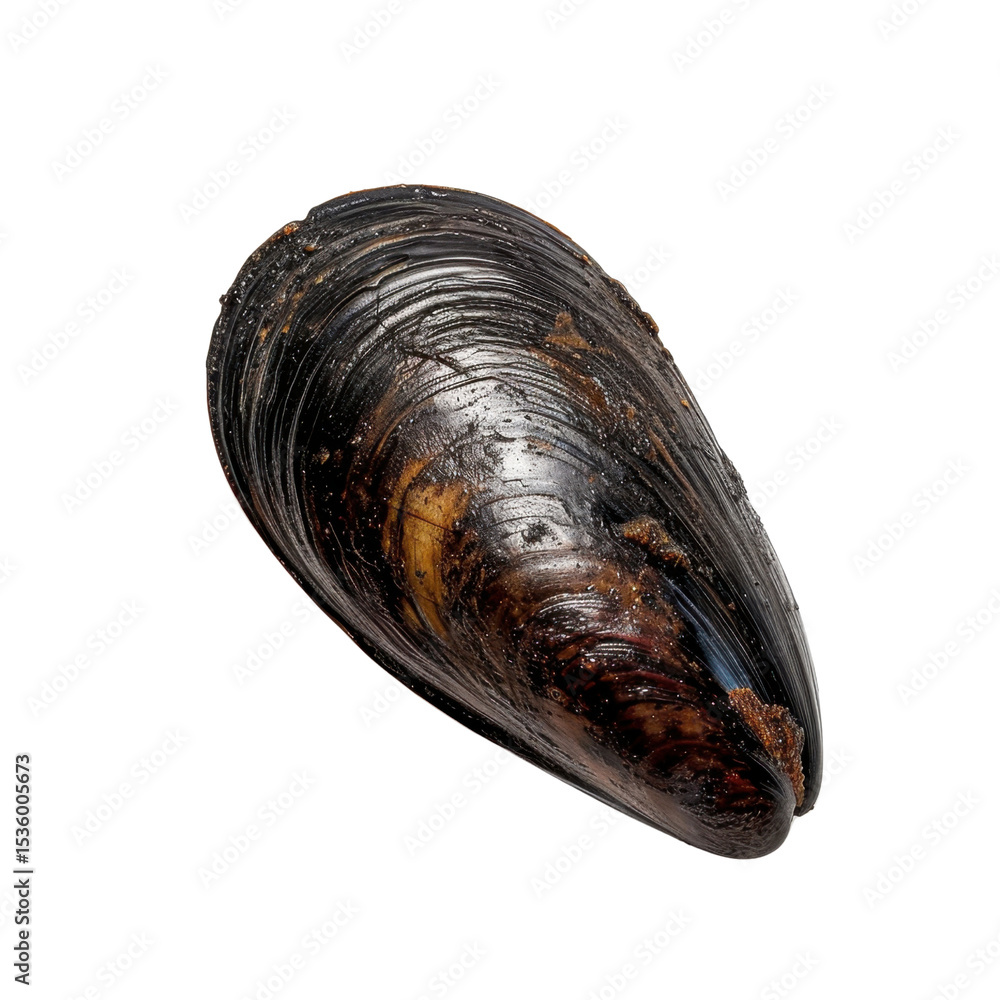 Poster large, shiny black mussel shell with smooth surface and subtle color variations, resting on transpar