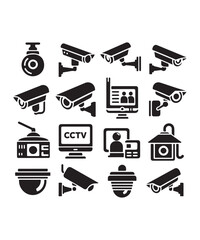 cctv icons, surveillance camera icons set silhouette vector on white background.