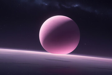 Large, half-pink planet floating alone in the vastness of dark space.