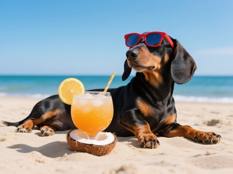 A dachshund wearing red sunglasses lies on the beach. Next to it is an orange cocktail in a coconut shell with a lemon slice.