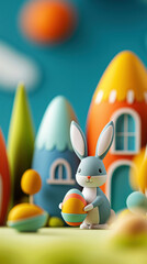 Whimsical Easter Bunny Village With Bunnies Painting Eggs and Colorful Chocolate Houses in Vibrant Springtime Setting