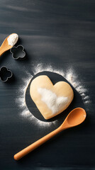 Heart-shaped Cookie Dough Ready for Baking on a Dark Wooden Table With Flour and Utensils Around