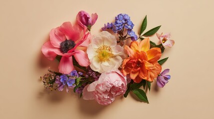 Vibrant Spring Flowers Bouquet Pink Peonies White Poppy Orange Dahlia Floral Arrangement Summer Blossom Nature Botanical Beauty Pastel Background Soft Colors Delicate Petals blue  