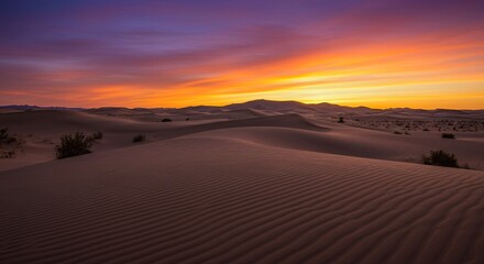 Desert Landscape at Sunset with Colorful Sky and Rolling Sand Dunes