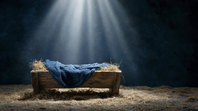 Empty Nativity Scene Manger with Blue Fabric and Straw Under a Beam of Light