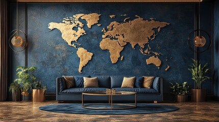 Luxury room, world map, dark blue