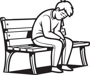A continuous line art drawing of a young man sitting on a park bench with his head down, appearing sad or contemplative