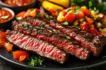 Multiple steak dishes with colorful sauces and side dishes, close-up view,