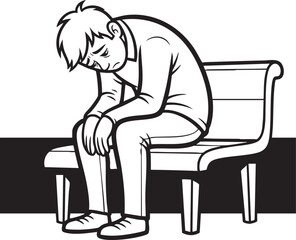 line art drawing of a young man with dark hair, sitting on a park bench with his head down, appearing sad or contemplative
