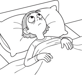 A black and white illustration of a person lying in bed, wide awake with dark circles under their eyes, indicating difficulty sleeping