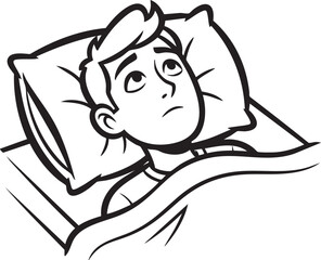 A black and white illustration of a person lying in bed, looking up with a worried or pensive expression, suggesting trouble sleeping