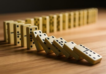 Domino effect: a row of falling dominoes on a wooden surface. Concept of chain reaction, consequence, crisis, or cause and effect