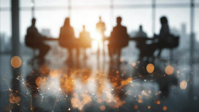 Blurred Corporate Meeting with Digital Network Connection Overlay