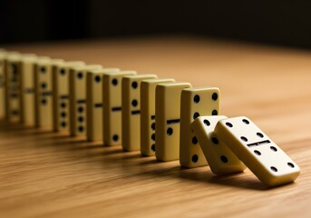 Domino effect: a row of falling dominoes on a wooden surface. Concept of chain reaction, consequence, crisis, or cause and effect