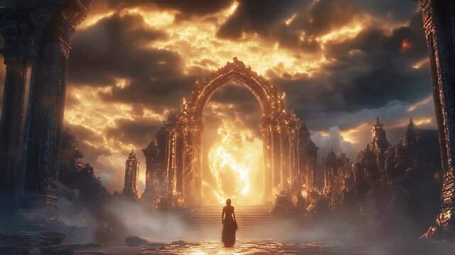 Golden portal emitting bright light stands tall amidst ancient ruins, as a woman walks towards it in a fantasy landscape under a dramatic sky