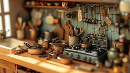 Detailed miniature kitchen setup evoking nostalgia and cozy domesticity with cookware