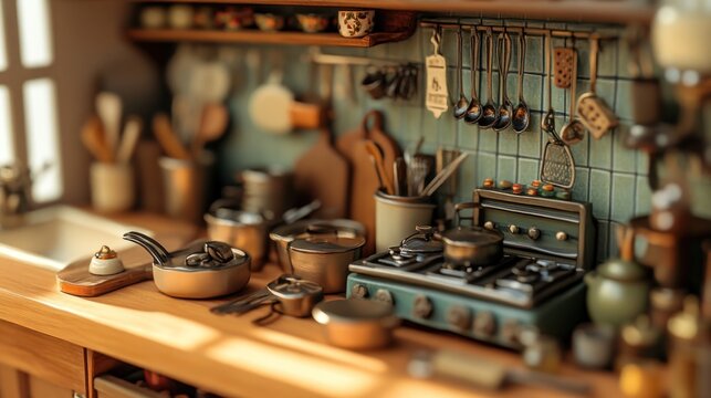 Detailed miniature kitchen setup evoking nostalgia and cozy domesticity with cookware
