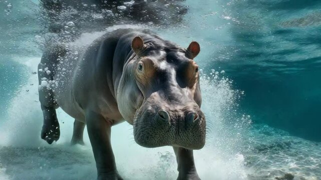 Majestic hippopotamus underwater swimming in a sparkling aquatic environment with bubbles and light teal water