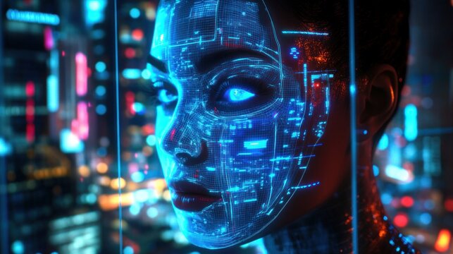Futuristic AI Female Portrait with Neon Cyberpunk Cityscape Reflection