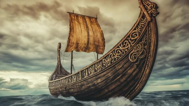 Majestic drakkar, a traditional viking longship, sails through a stormy sea under a dramatic, cloudy sky, embodying the spirit of norse seafaring and exploration
